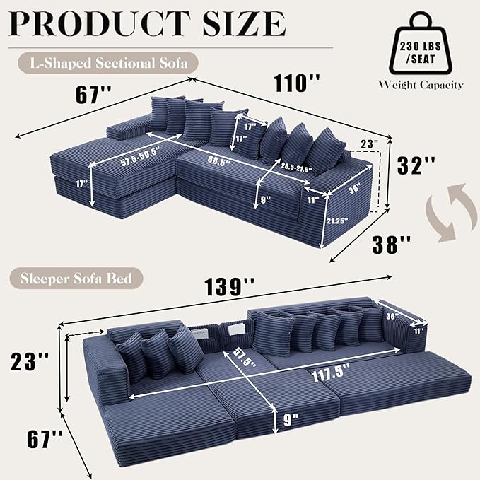 110 L-Shaped Sectional Couch with Chaise Lounge Plush Corduroy Oversized Convertible Floor Sofa Couch with 8 Pillows Modern Deep Seat Boneless Couches for Living Room (Blue 110 + Left Chaise)