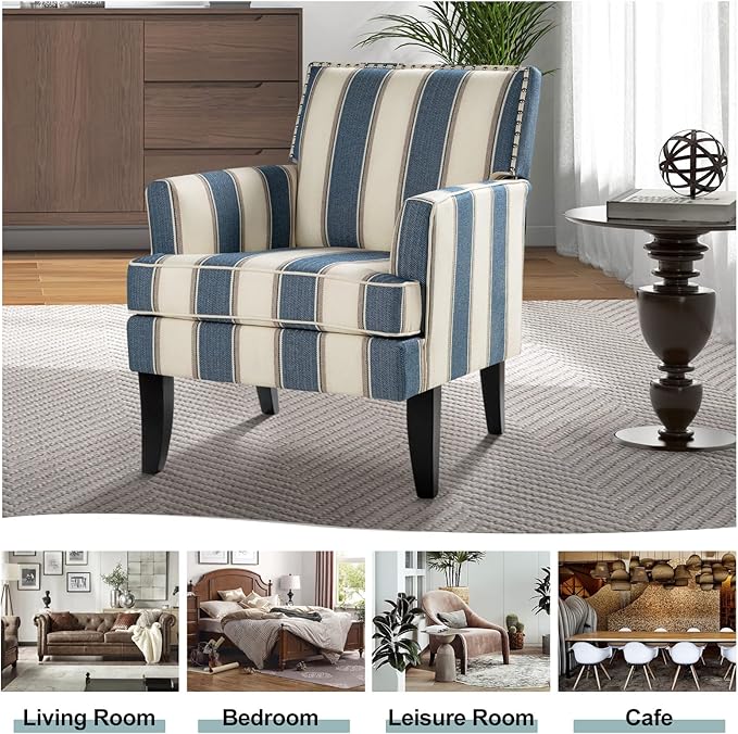 HULALA HOME Modern Accent Chair with Arms and Wooden Legs Mid Century Accent Chair Armchair High Back Rest Padded Armrest and Comfortable Cushioned Seat for Living Room (Stripe Blue)