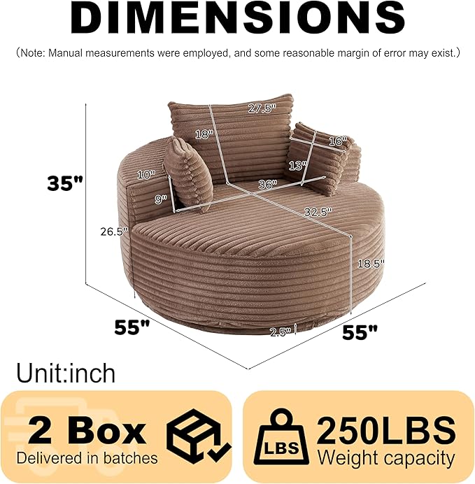 55''L Round Swivel Accent Chair Oversized Plush Corduroy Modern Swivel Barrel Chairs Upholstered Cozy Reading Chair for Living Room Bedroom Home Office (Corduroy Brown)