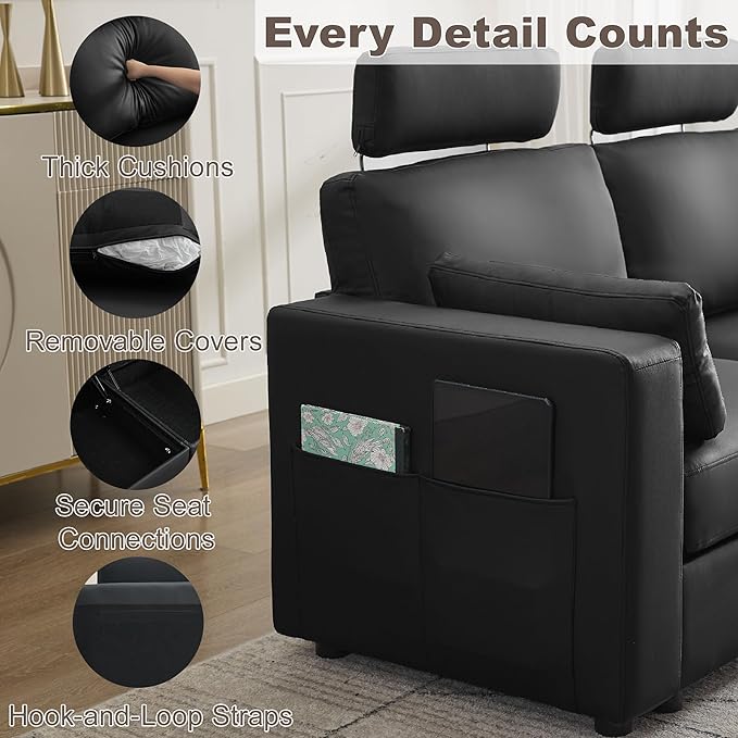 98.2 Oversized 3 Seater Storage Couch Faux Leather Modular Sectional Sofa with Headrest &amp Side Pockets Cloud Upholstered Couches Deep Seat Sofas for Living Room Apartment Small Spaces Black