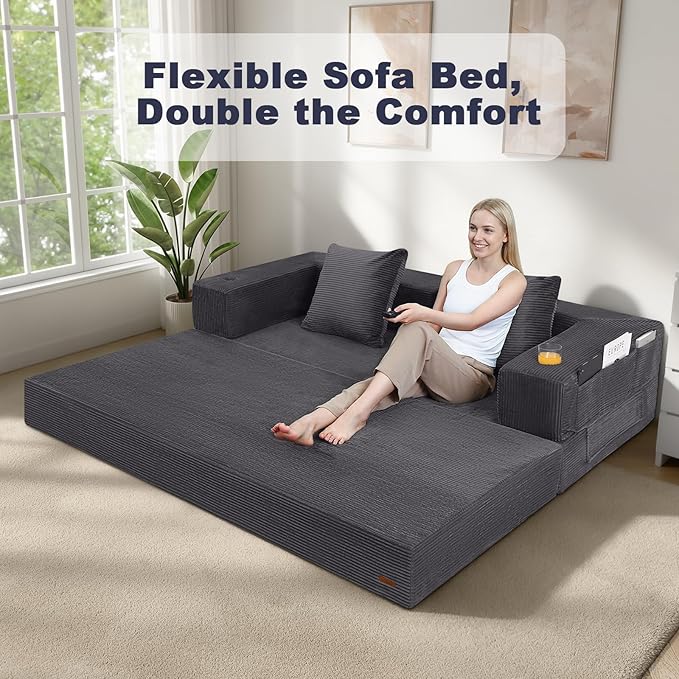 COMAX Boneless Couch Futon Sofa Bed Couches Versatile Queen for Living Room 79 4 in 1 Convertible Sleeper Corduroy Couch Foam in a Box Foldable Fold Out Floor Mattress No Assembly Required Grey