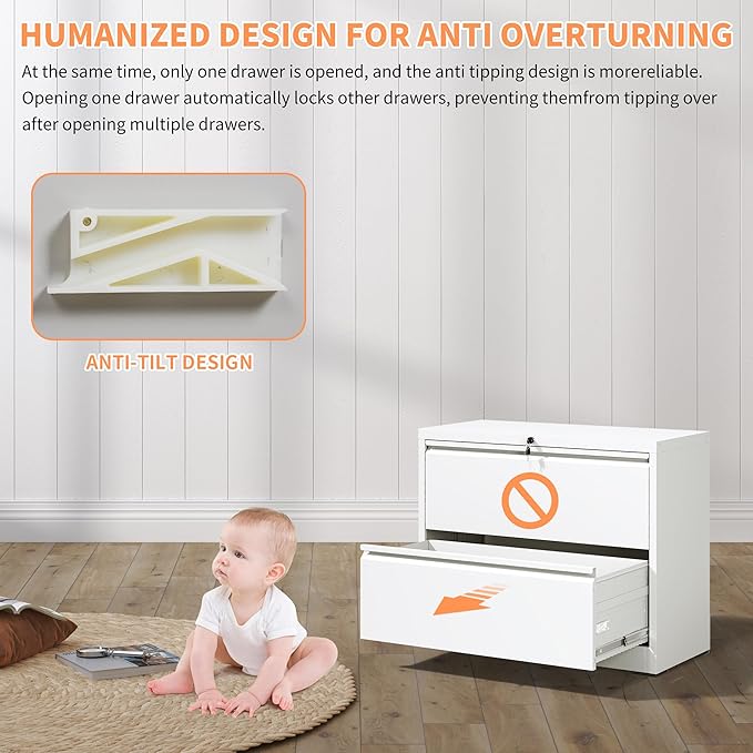 2 Drawer Small Lateral File Cabinet with Lock Under Desk Locking Storage Cabinet Organizer for Home Office Metal Filing Cabinets for Legal/Letter/A4/F4 SizeWhite