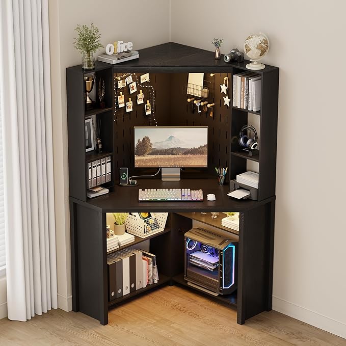 Corner Desk with - LED Reading Light L-Shaped Computer Desk w/Hutch &amp Shelves Home Office Desk w/Charging Station for Work &amp Study File Cabinet Storage Bookshelf for Small Space (Black)