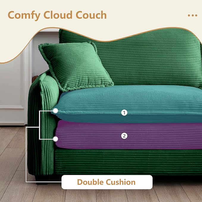 Aoowow 2 Pieces Modular Sectional Sofa Set of Loveseat CouchModern Corduroy Comfy Cloud Deep Seat Couches Set with 4 Throw Pillows and 4 Arm Pillows for Living Room Apartment(Green)
