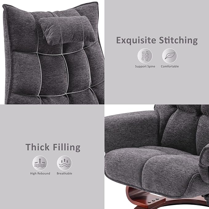 MCombo Swivel Recliner with Ottoman TV Chair Sets with Vibration Massage Ideal for Small Space Living Room &amp Bedroom 4188 (Grey)