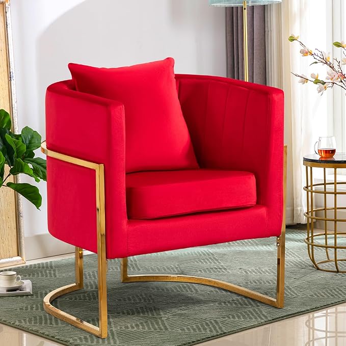 Velvet Modern Accent Chair Upholstered Barrel Armchair Mid Century with Pillow for Living Room Comfy Single Vanity Chair with Metal Gold Legs for Bedroom Rose Red