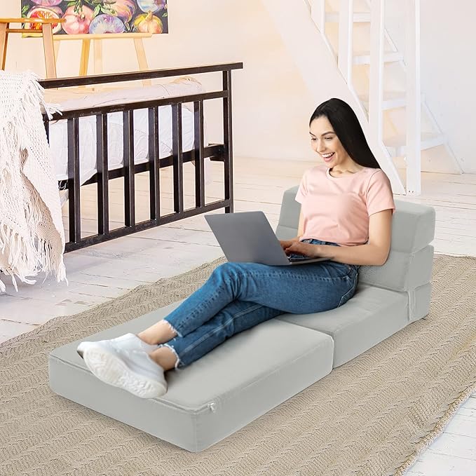 COSTWAY Triple Fold Down Sofa Bed 3-in-1 Fold Floor Couch Lounge Sleeper with Thick Cushion Flock Fabric Convertible Design Portable Single Guest Bed Mattress for Living Room Bedroom (Grey)