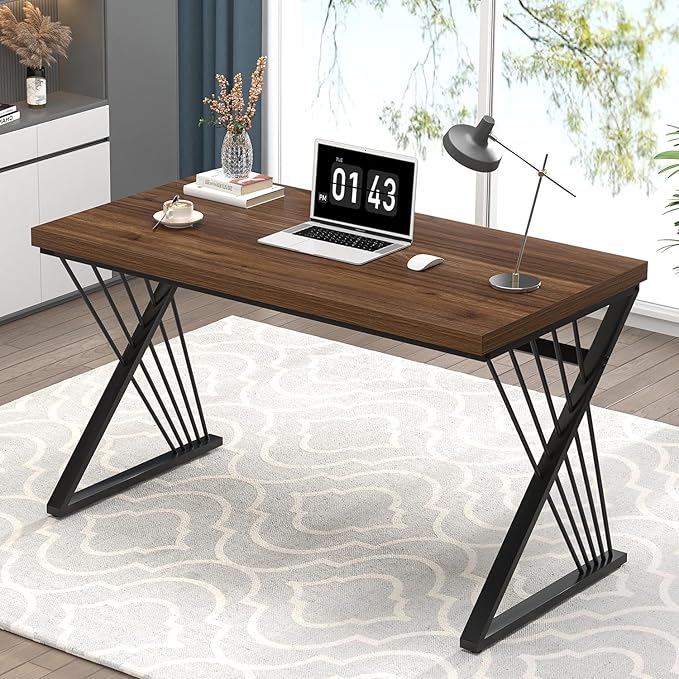 FOLUBAN Home Office Desks Modern Wood and Metal Writing Study Work Table Industrial Computer Desk for Bedroom Living Room Rustic Walnut 47 Inch