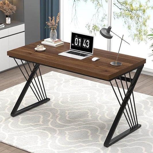 FOLUBAN Home Office Desks Modern Wood and Metal Writing Study Work Table Industrial Computer Desk for Bedroom Living Room Rustic Walnut 47 Inch