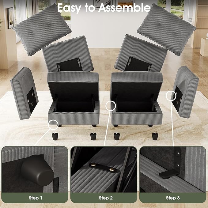 LLappuil Plush Corduroy Separate Module to Extend Sectional Sofa | Armless chair Storage Seat 1 Throw Pillow Free Combination Grey