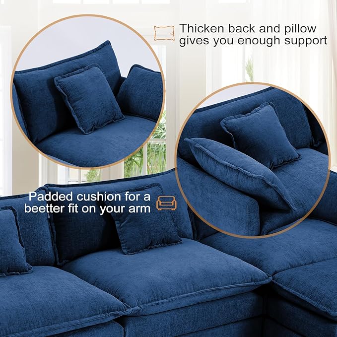 Furniliving Oversized Accent Chair with Ottoman Luxury Chenille Single Sofa Upholstered Deep Seat Chaise Lounge with Pillows for Living Room Bedroom Apartment Blue