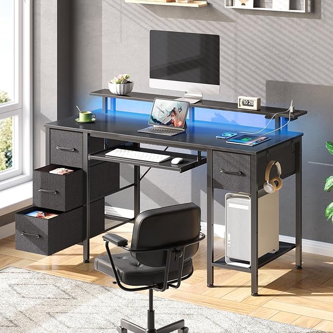 Seventable Computer Desk 55.1 with LED Lights &amp Power Outlets Home Office Desk with 4 Drawers Writing Desk with Keyboard Tray Study De sk with Monitor Stand Work for Home Office Black