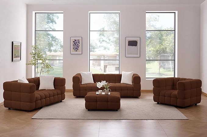 Modern Boucle Loveseat Couch for Living Room 61'' Sherpa Upholstered Sofa Couch Comfy Cloud Deep Seat Sofa Luxury Minimalist Plush Fluffy Couch for Small Apartment Office 2 Pillows Caramel