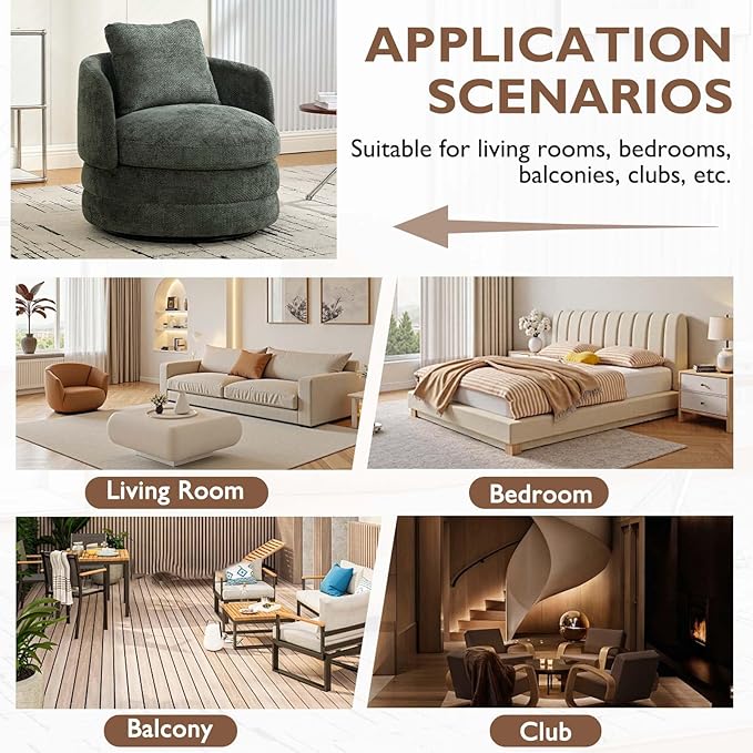 Beige Swivel Accent Chairs for Living Room Round Swivel Barrel Chair with Comfy Pillow &amp Curved Backrest Small Upholstered Armchair for Small Spaces Bedroom Office (Green)