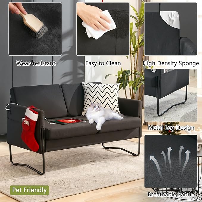 STHOUYN 51” Small Loveseat Sofa for Small Spaces Comfy Black Couch with 2 USB Ports Modern 2 Person Loveseats for Living Room Bedroom Mini Teen Office Couch (Black)