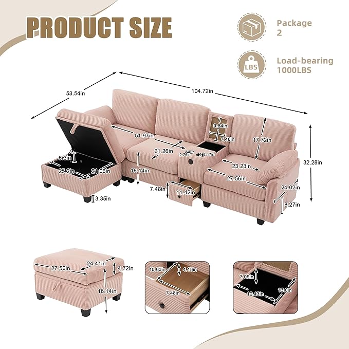 KEIKI 105 L-Shaped Oversized Corduroy Modular Sectional Sofa with 1 Ottoman and Multi Functional Console 4-Seater Upholstered Couch with USB and 2 Cup Holder Easy Assembly for Living Room Pink