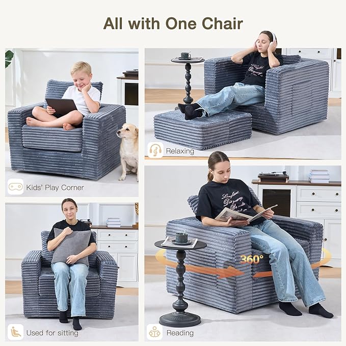 EROMMY 37.4 Boneless Swivel Accent ChairOversized Detachable Seat Swivel Chair for Living Room and Bedroom Modern Corduroy Upholstered Accent Armchair Grey