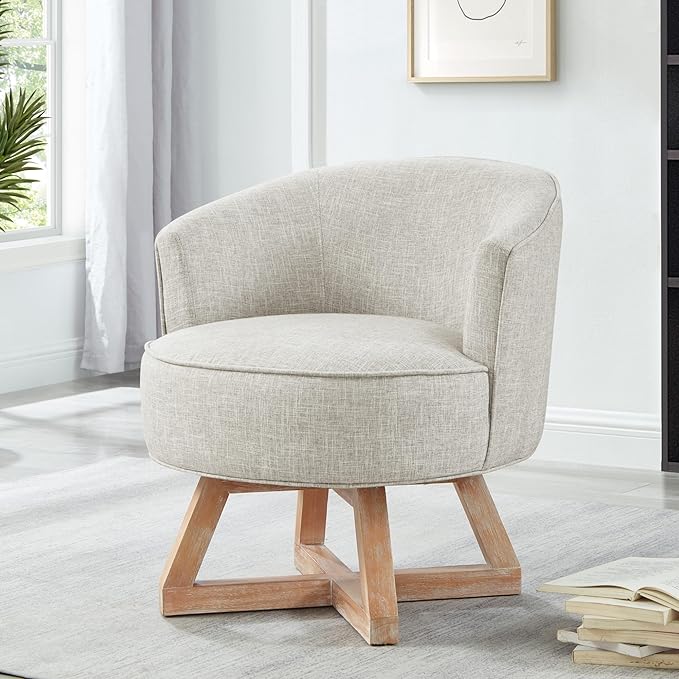 Swivel Chair with Cross-Shaped Wooden BaseLounge Chair with Solid Wood Legs 360°Freely Swivel Chair Classic Linen Fabric for Living Room Bedroom Office Dresser -Light Gray