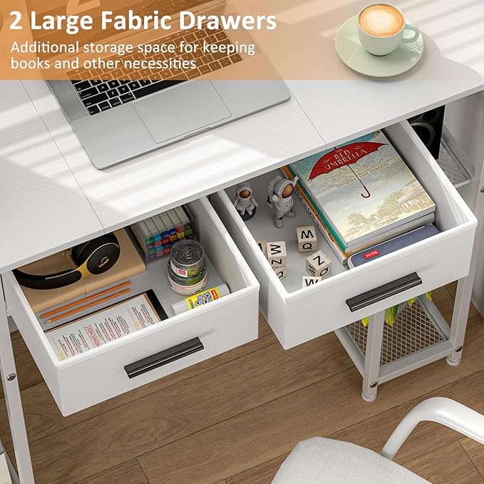 White Computer Desk with Drawers 37.3 Inch Home Office Work Desk with Storage Shelf Kids Teens Study Table for Small Space Small Writing PC Table for Bedroom Makeup Vanity Desk