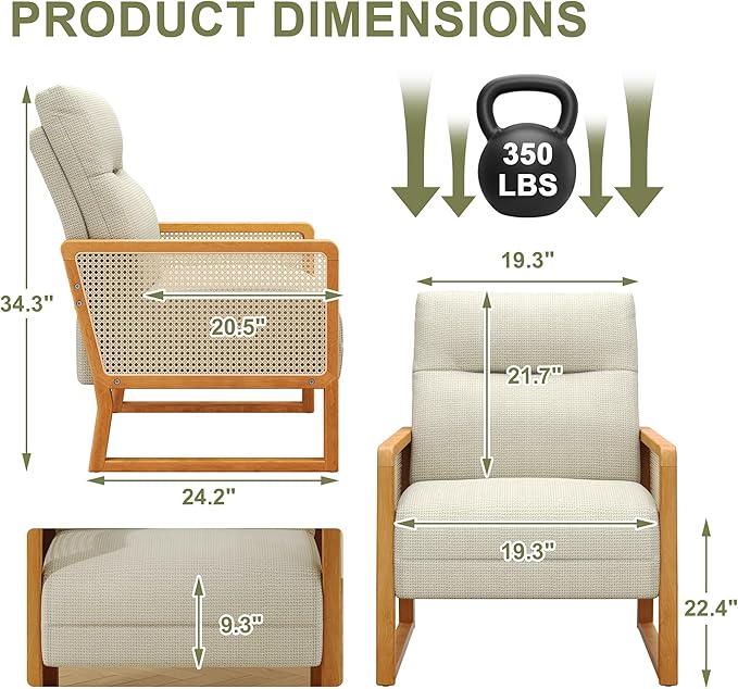 Upholstered Rattan Accent Chair Modern Linen Armchair with Ash Wood Legs Comfy Arm Chair for Living Room Bedroom Beige
