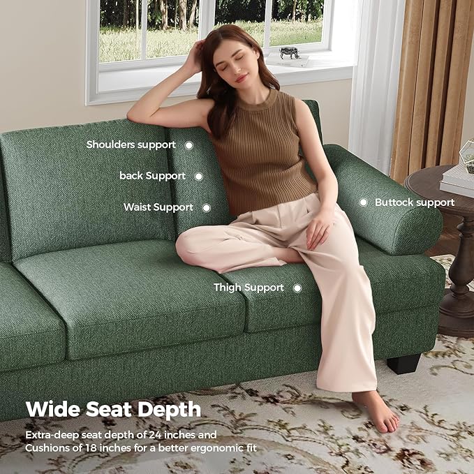 91 Inch Lawson Sofa with Extra Deep Seats Oversize Mid-Century 3-Seat Sofa Couch for Living Room Apartment Lounge Green