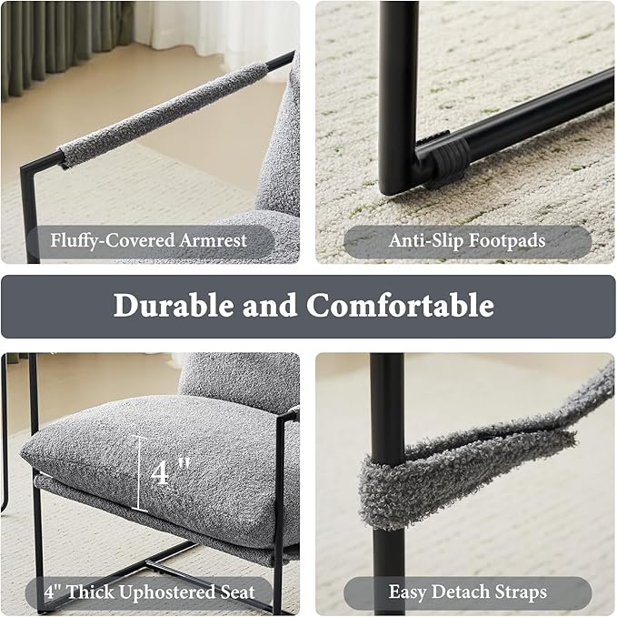 Furniliving Sling Accent Chair with Metal Frame Comfortable Boucle Fabric Arm Chair Upholstered Cozy Reading Chair for Living Room Bedroom Dressing Room Home Office Grey