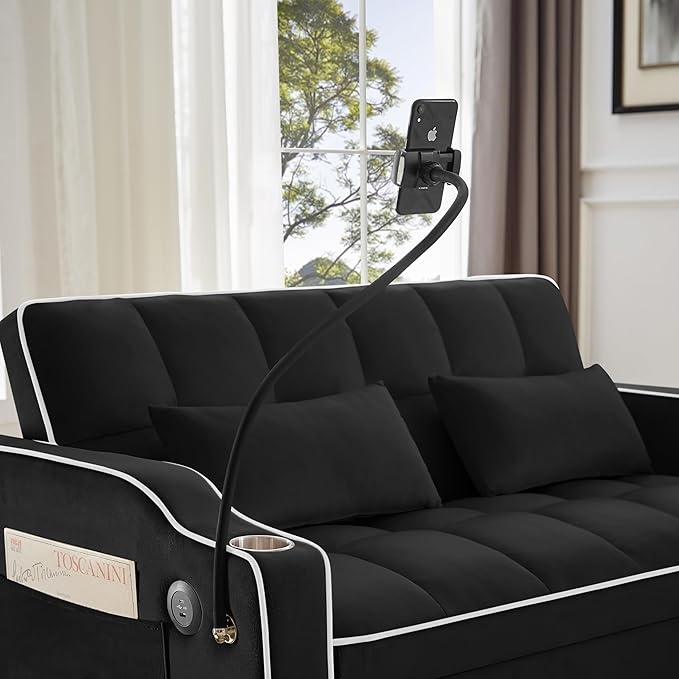 SLEERWAY 3-in-1 Convertible Futon Sofa Bed Chair Multi-Functional Sleeper Chair Bed with Pull Out Couch and Adjustable Backrest Modern Velvet Chaise Lounge Loveseat for Living Room BedroomBlack