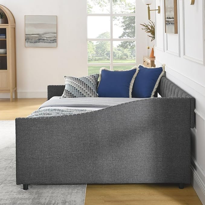 Full Size Upholstered Tufted Daybed with Drawers Dark Grey Linen Sofa Bed with Waved Arms Copper Nailhead Trim Mid-Century Style Eucalyptus Wood Frame