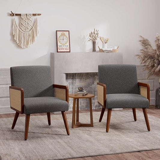 Accent Chair with Rattan Arms Set of 2Dining Chairs with Wood Legs Modern Armchair for BedroomLiving Room and Kitchen Lounge Reading Chair Grey