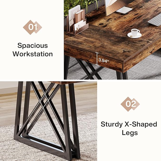 Tribesigns 63-Inch Executive Desk Farmhouse Office Computer Desk with Sturdy X-Shaped Legs Large Writing Table Business Furniture Workstation for Home Office Study (Rustic Brown &amp Black)