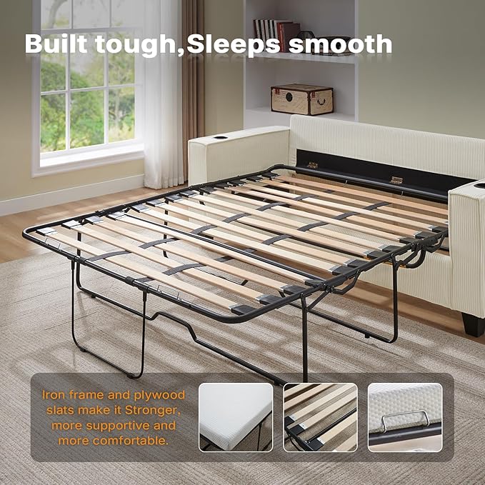 2-in-1 Pull Out Sofa Bed 88 Queen Size Sleeper Sofa Corduroy Convertible Loveseat Sleeper for Living Room Guest Room Apartment Home Office (Beige)