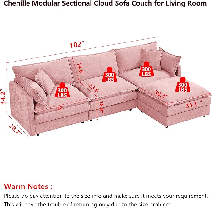 102 L-Shaped Sofa for Living RoomModular Sectional Cloud Sofa Couch with OttomanModern Chenille 3 Seater Sofas with Deep SeatSmall L Shaped Couches for Bedroom (Pink 102)