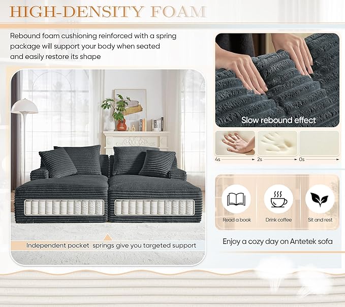 Oversized Chaise Lounge Chair Indoor Modern 78-inch Upholstered Corduroy Love Seat Sofa Bed with 4 Throw Pillows and Armrests Double Modular Sleeper Sofa Couch for Living Room Bedroom Dark Grey