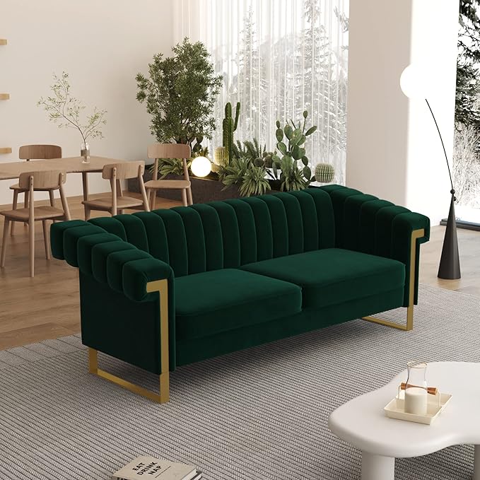 83'' Green Velvet Couch Sofa Mid-Century Modern Love Seat Chesterfield 3 Seat Couches Sofa for Living Room Apartment (Green)