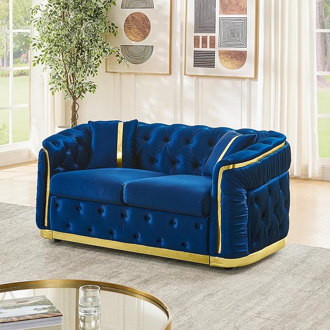 62.6 Mid Century Modern Loveseat Chesterfield Sofa Couch Blue and Gold Couch Velvet Button Tufted Luxury Couches for Living Room with Golden Decor &amp 2 Pillows Navy Blue | StainlessSteel Decor