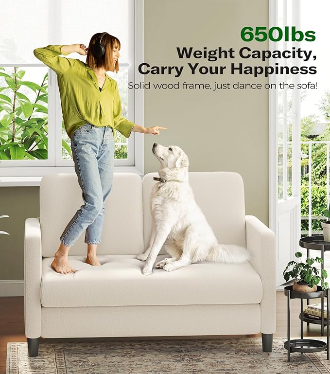 Loveseat Sofa 51 Love Seat Comfy Teddy Small Loveseat for Small Spaces Tool-Free Setup Sofa Couch for Bedroom All-Wood Couches for Living Room No Pillow Included Cream White