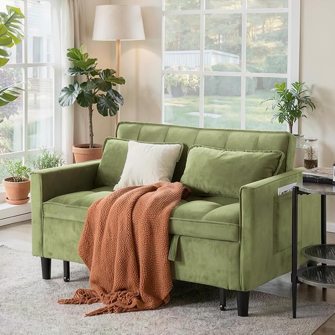 3 in 1 Convertible Sofa Bed Love Seat Sleeper Bed with Side Pockets Velvet Fabric Pull Out Couch with Adjustable Backrest for Living Room Bedroom Apartment Olive Green