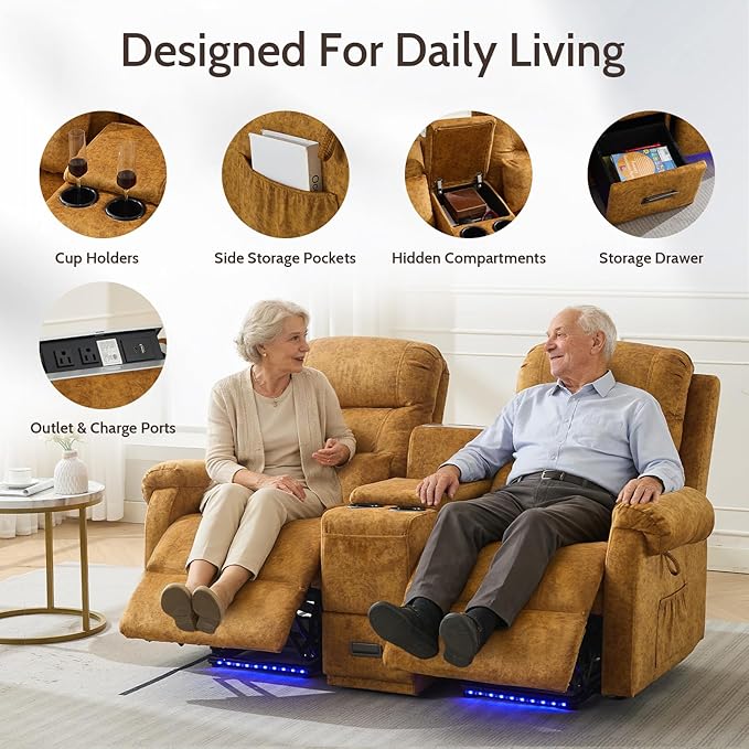 Power Lift Recliner LoveseatVelvet Reclining Loveseat Sofa RV Couch with ConsoleDual Power Lift Recliner Chair for Elderly with Heat and MassageElectric Lift Chairs for Living Room (Yellow)