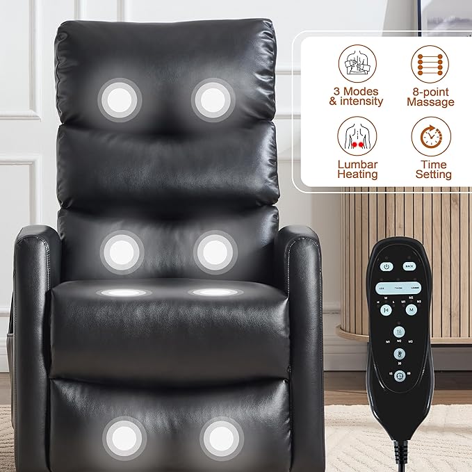 Luxlen Manual Swivel Rocker Recliner Chair with Massage Overstuffed Recliner Glider with Vibration Massage and Heat for Nursery Living Room Reclining Sofa Chair PU Leather Black