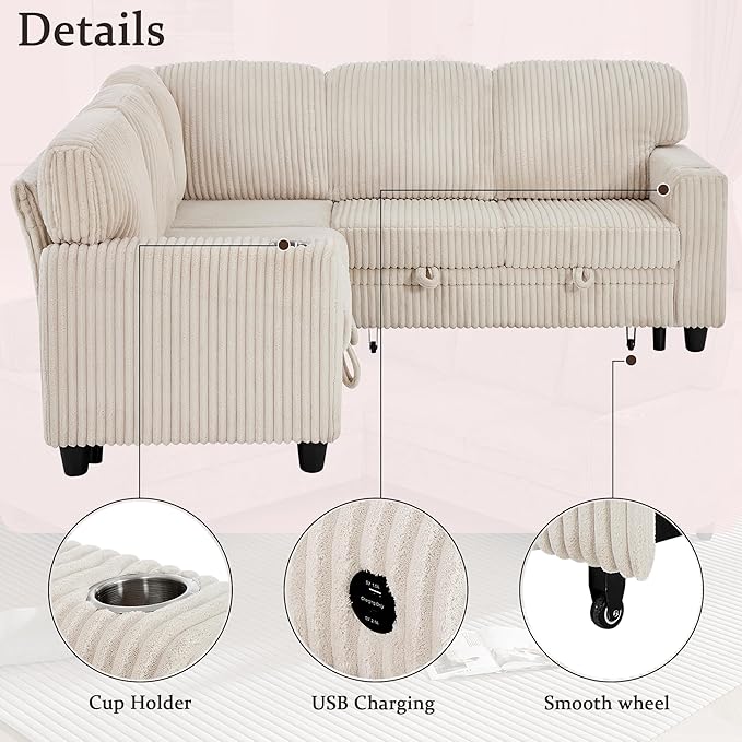 KEIKI 81 L-Shaped Oversized Corduroy Modular Sectional Sleeper Sofa with Pull-Out Bed Storage Seat Modern 5-Seater Upholstered Couch Bed with Charging Station Easy Assembly for Living Room Beige