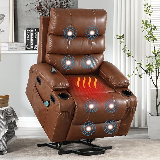Faux Leather Electric Recliner Lift Chair with Massage and Heat for Elderly Adult Power Lift Recliners Chairs with Cupholders Side Pockets for Living Room Bedroom Lounge