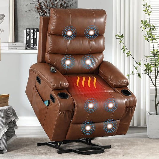 Faux Leather Electric Recliner Lift Chair with Massage and Heat for Elderly Adult Power Lift Recliners Chairs with Cupholders Side Pockets for Living Room Bedroom Lounge