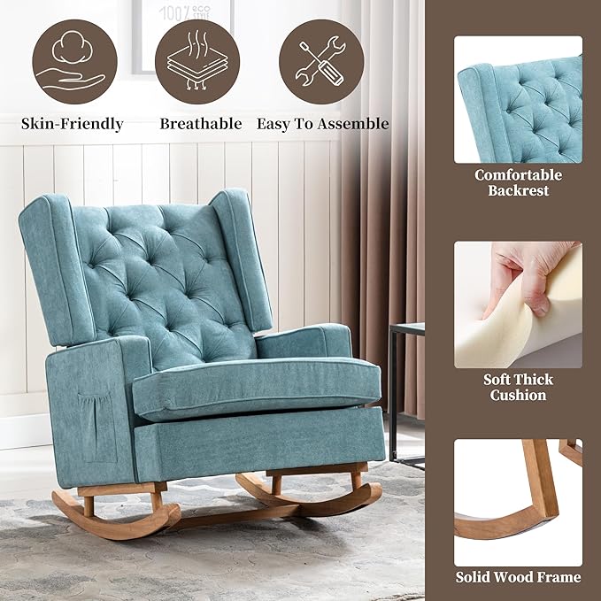 QQU Rocking Chair with Arms Leisure Chair IndoorComfy High Back Chair with Solid Wood Base Side Pocket for Living RoomBedroomOffice(A-Mint Green)