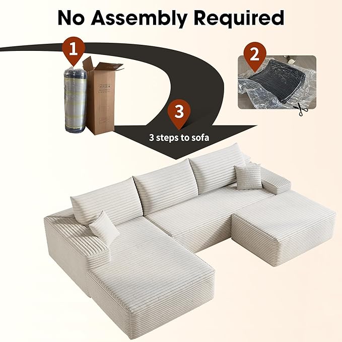 108 W Corduroy Sectional Boneless Cloud Couch with Chaise &amp Ottoman No Assembly Required U Shaped Modular Sectional Sofa Cozy Fluffy Sofa for Living Room (White Left Facing Chaise+Ottoman) |