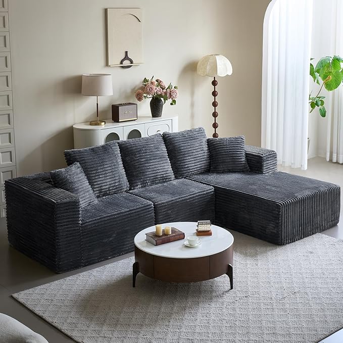 108'' Boneless Couch Sectional Boneless Couches for Living Room w/Deep Seat Cloud Couch w/Stripe Boneless L Shaped Couches w/Flannel Fabrics Right Facing Chaise Dark Gray