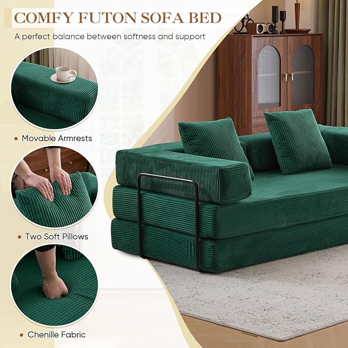 Antetek Modular Futon Sofa Bed Convertible Folding Corduroy Comfy Memory Foam Floor 3 Seater Loveseat Sleeper Sofa Couch Bed Chaise Lounge with 2 Pillows for Guest Room Living Room Office Green