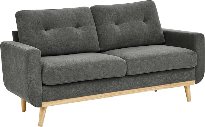 65 W Gray Loveseat Sofa Mid Century Modern Love Seat Couches for Living Room Button Tufted Upholstered Small Couch for Bedroom Solid Wood Legs and Easy to Install Love Seats Furniture (Gray)