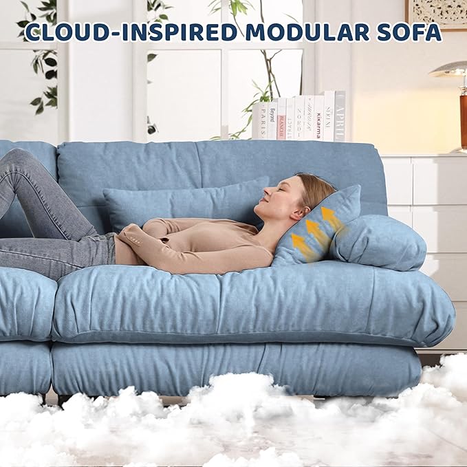 Modular Sectional Sofa Comfy Sofa with Ottoman Cloud Couch 3 Seater Couch for Living Room Modern L Shaped Sleeper Deep Seat with 5 Pillows Chenille Blue