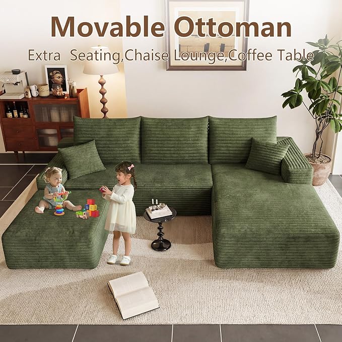 Modular Sectional Sofa Cloud Sectional Couch 95 Comfy Fluffy U-Shaped Couches for Living Room Deep Seat Memory Foam Plush Corduroy Boneless Couch Sectionals No Assembly (GreenRight-Facing Chaise)