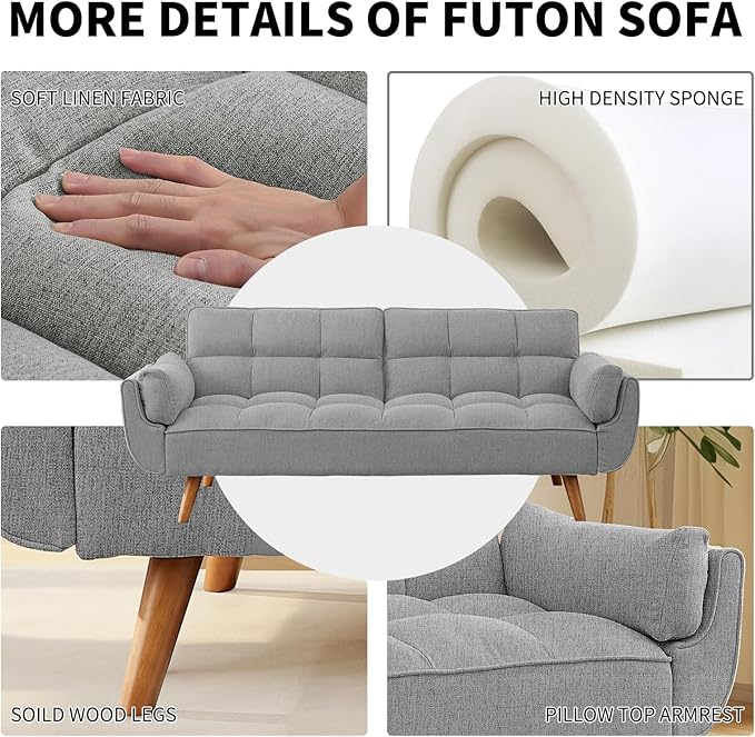 Convertible Futon Sofa Bed Linen Sleeper Couch 75 W Modern 3 Seater Tufted Sofa with Adjustable Backrests and Solid Wood Legs for Living Room Bedroom Small Space Gray